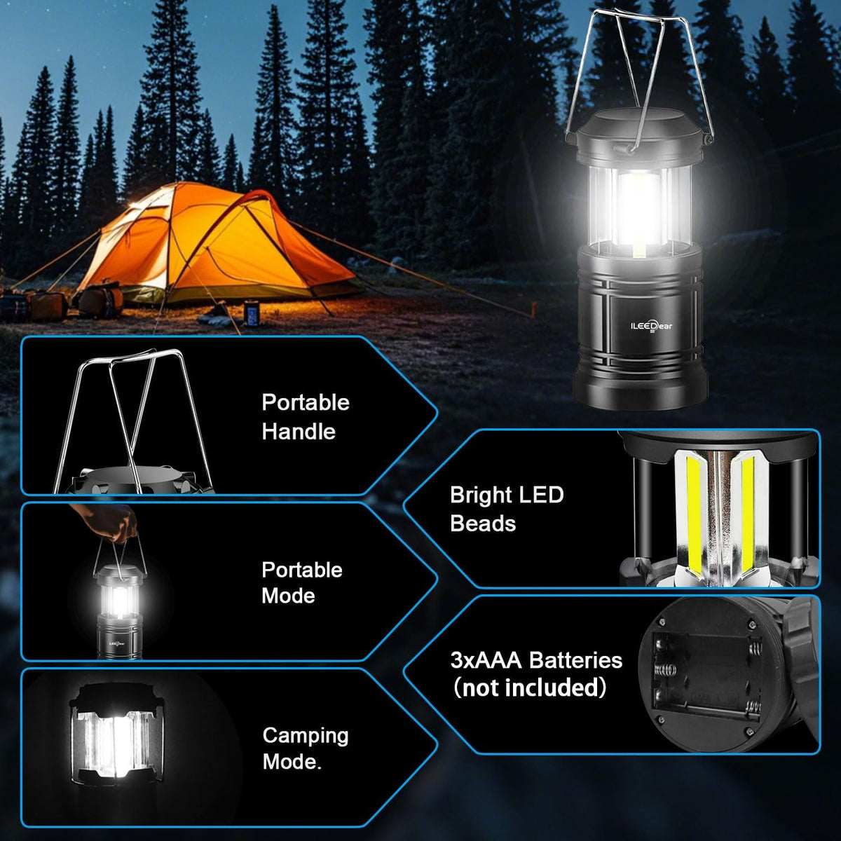 LED Camping Lantern, Battery Operated, 2 Pack