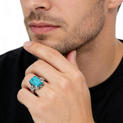 Turquoise Ring 925 Sterling Silver Boho Rings Western Jewelry Eternity Rings for Women Men Valentine's Day Jewelry Gifts for Boyfriend Girlfriend Size 7-9
