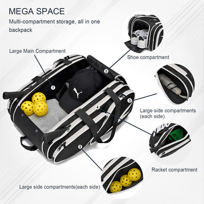 Pickleball Bag - Large Paddle Bag for 4 Paddles & Accessories - Fence Hook, Extra Pockets, Shoe Compartment