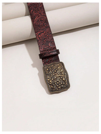 Women's Turquoise Belt Western Cowgirl Belt Vintage Floral Embossed Buckle Leather Waist Belts