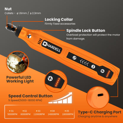 HARDELL Mini Cordless Rotary Tool, 5-Speed and USB Charging Rotary Tool Kit with 69 Accessories, Multi-Purpose 3.7V Power Rotary Tool for Sanding, Polishing, Drilling, Etching, Engraving, DIY Crafts