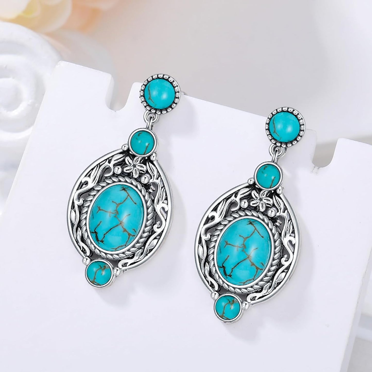Genuine Turquoise Dangle Vintage Earrings, Sterling Silver Boho Native American Western Jewelry for Women