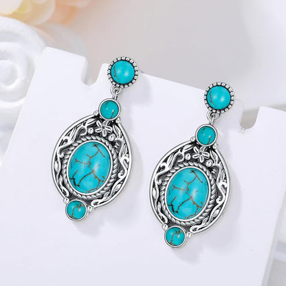 Genuine Turquoise Dangle Vintage Earrings, Sterling Silver Boho Native American Western Jewelry for Women