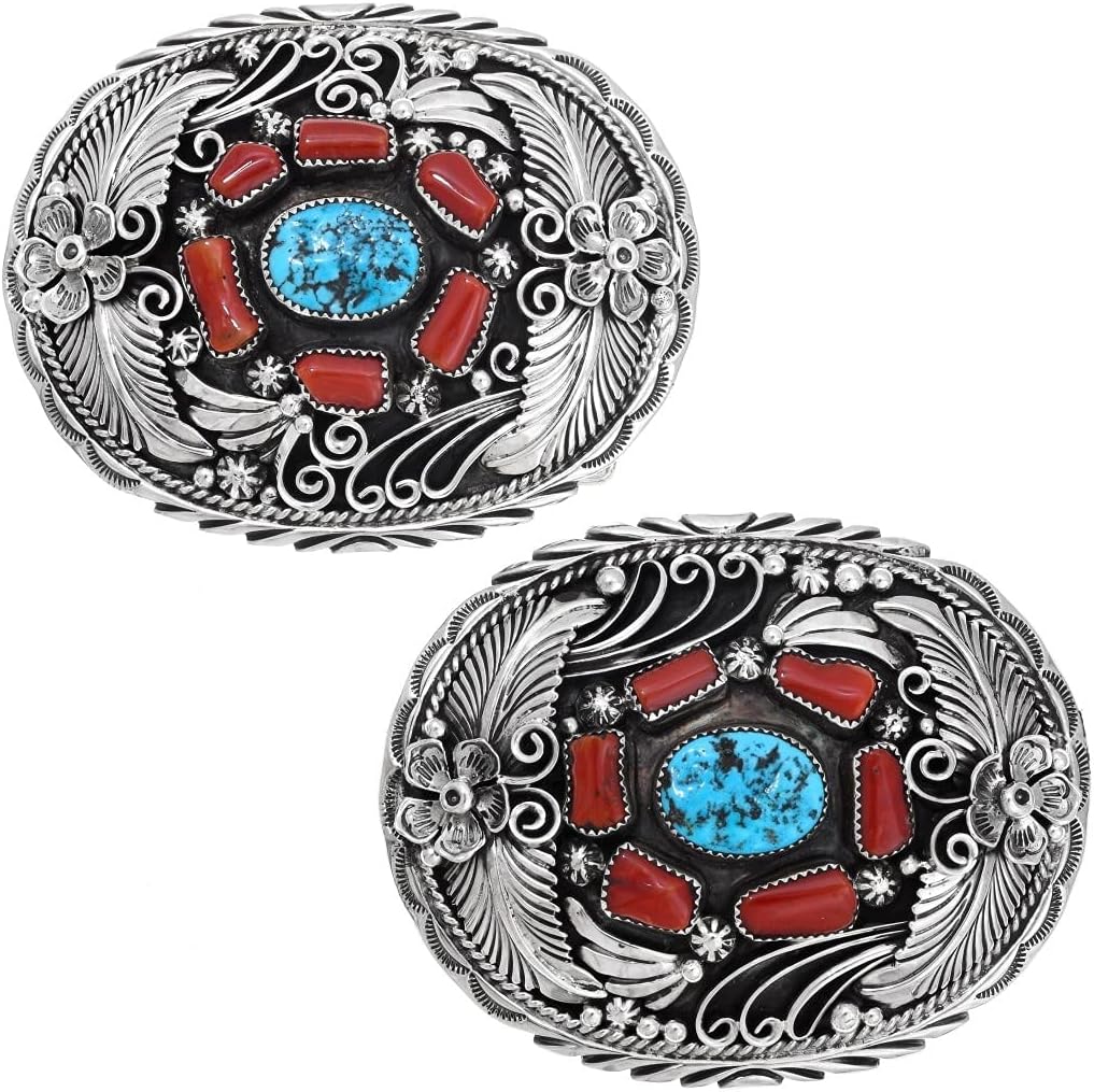 Southwest Turquoise Coral Silver Belt Buckle Sterling 0012