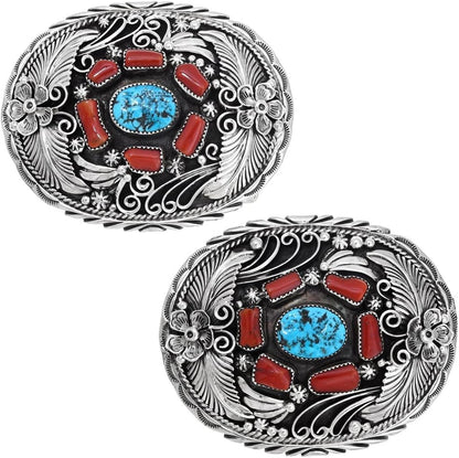Southwest Turquoise Coral Silver Belt Buckle Sterling 0012