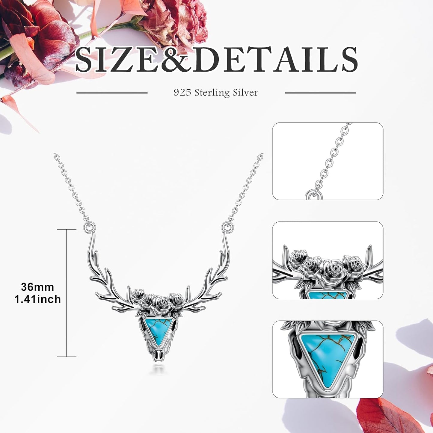 Antler Necklace 925 Sterling Silver Genuine Turquoise Deer Head Pendant Bohemian Western Jewelry Gifts for Women