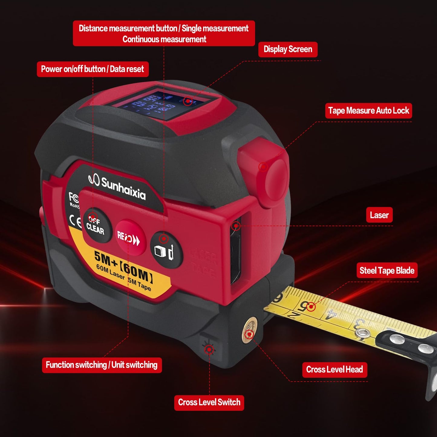 3 in 1 Digital Laser Tape Measure, 197ft/60m Laser Distance Meter, 16ft/5m Digital Tape Measure with Cross Line, AutoLock, ft/in/m Unit Switch, Measure Area, Volume, Pythagorean (Purple)