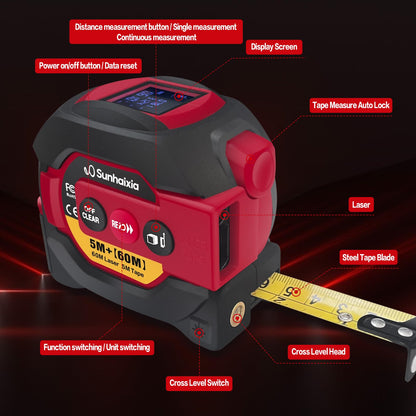 3 in 1 Digital Laser Tape Measure, 197ft/60m Laser Distance Meter, 16ft/5m Digital Tape Measure with Cross Line, AutoLock, ft/in/m Unit Switch, Measure Area, Volume, Pythagorean (Purple)