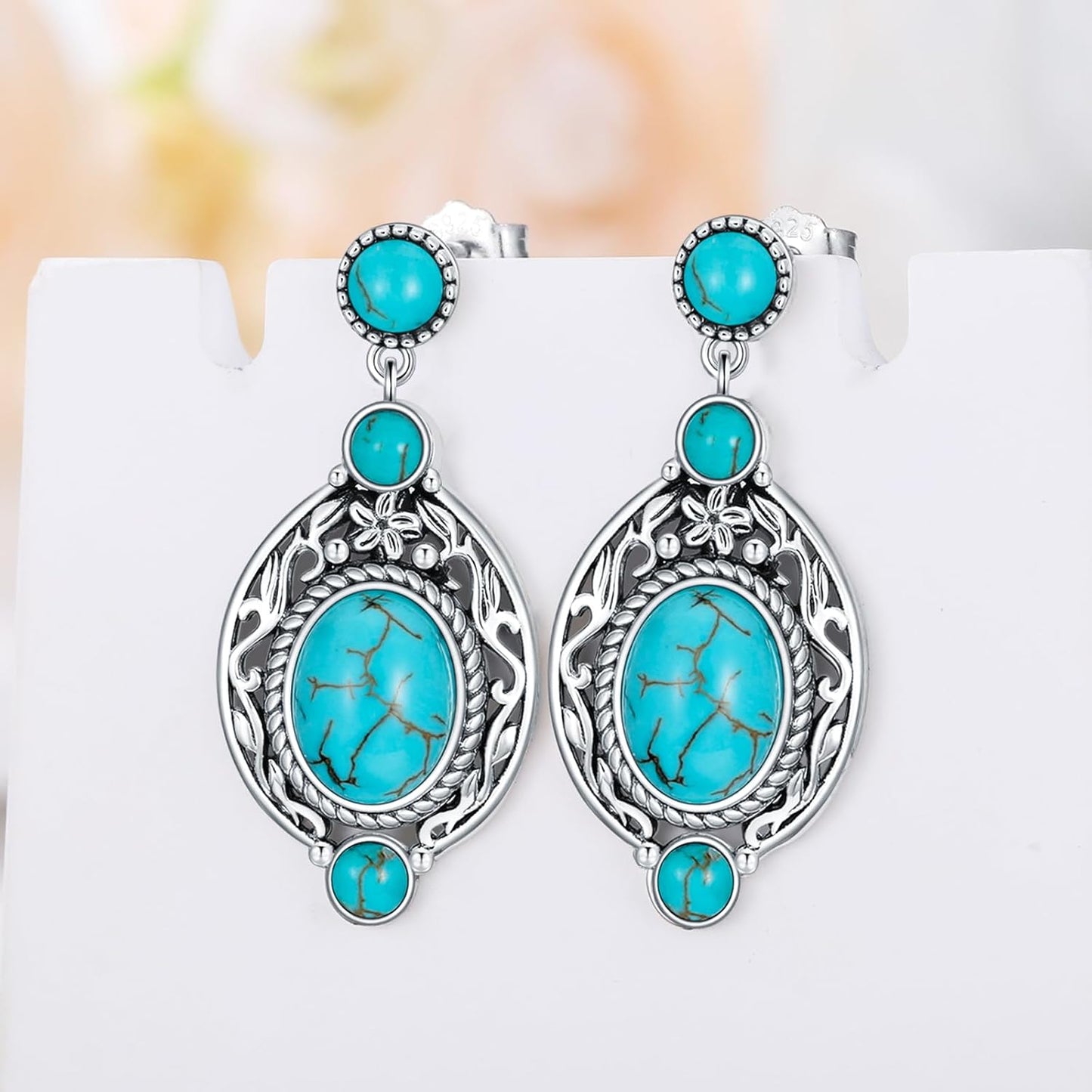 Genuine Turquoise Dangle Vintage Earrings, Sterling Silver Boho Native American Western Jewelry for Women