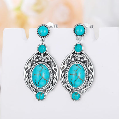 Genuine Turquoise Dangle Vintage Earrings, Sterling Silver Boho Native American Western Jewelry for Women