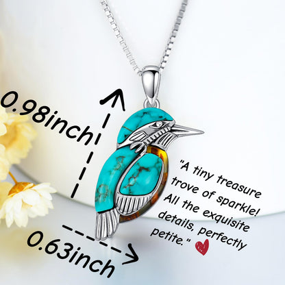 Turquoise with Amber Bird Pendant Necklace, Sterling Silver Genuine Boho Western Jewelry Gift for Birthday