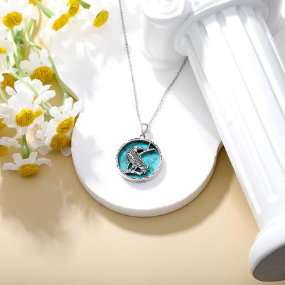 Turquoise Raven Necklace 925 Sterling Silver Real Blue Turquoise Viking Crow Pendant Western Vintage Animal Jewelry for Women