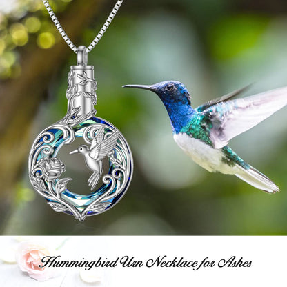 TOUPOP Hummingbird Urn Necklace for Ashes 925 Sterling Silver Heart Cremation Jewelry Keepsake Pendant with Funnel Filler Memorial Christmas Gifts for Women Mom Wife
