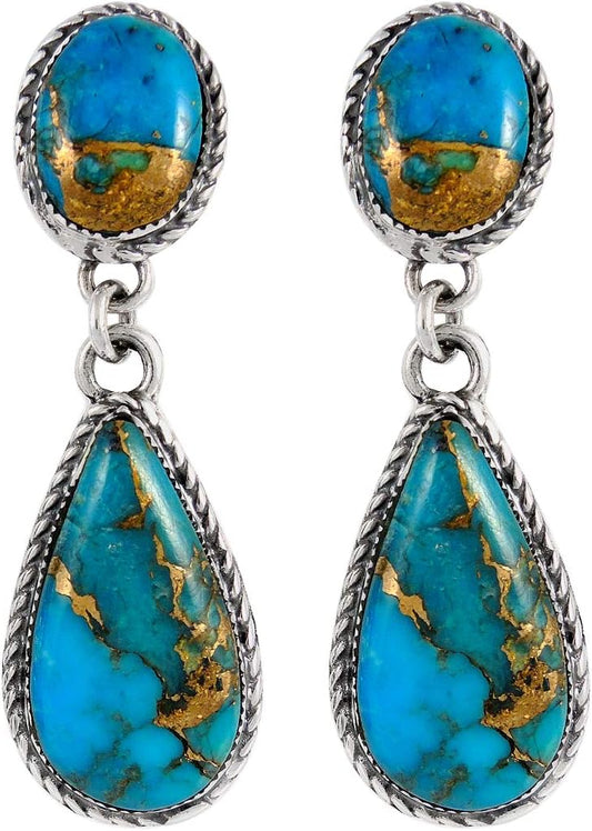 Turquoise Earrings Sterling Silver Copper-Infused Matrix Turquoise Jewelry (Bold Teardrops)