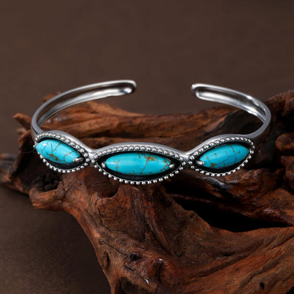 Genuine 3 Turquoise Stones Boho Bracelet, Sterling Silver Adjustable Bangle Cuff Native American Gemstones Jewelry, Fit for 6.5 7 7.5 Inches