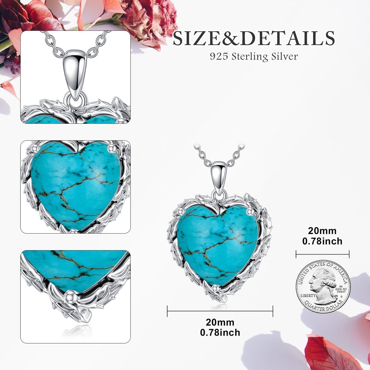 Genuine Gemstone Heart Necklaces for Women 925 Sterling Silver Natural Turquoise/Rose Quartz/Moonstone Pendant Vintage Western Jewelry Gift for Mom Wife Her
