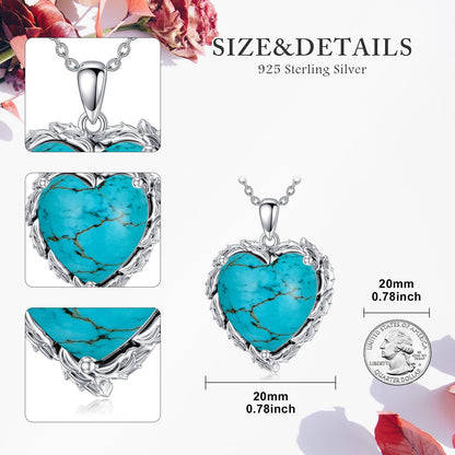 Genuine Gemstone Heart Necklaces for Women 925 Sterling Silver Natural Turquoise/Rose Quartz/Moonstone Pendant Vintage Western Jewelry Gift for Mom Wife Her