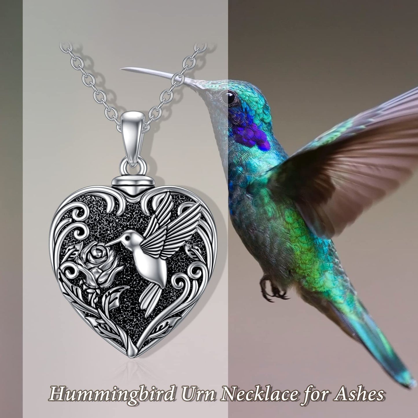 TOUPOP Hummingbird Urn Necklace for Ashes 925 Sterling Silver Heart Cremation Jewelry Keepsake Pendant with Funnel Filler Memorial Christmas Gifts for Women Mom Wife