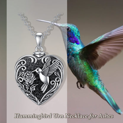 TOUPOP Hummingbird Urn Necklace for Ashes 925 Sterling Silver Heart Cremation Jewelry Keepsake Pendant with Funnel Filler Memorial Christmas Gifts for Women Mom Wife