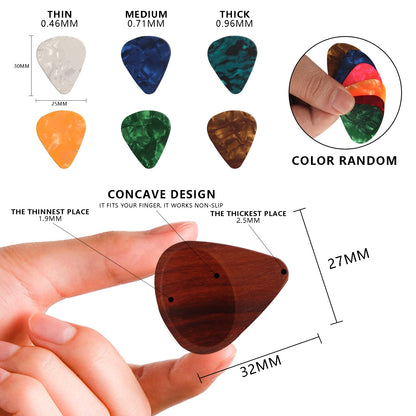 Sapele Guitar Pick Holder Set with 1 Rosewood Pick and 6 Celluloid Picks in 3 Thicknesses, Mini Wooden Jewelry Organizers, Wood Color knick-knacks, 3.35×1.77×1.58 inches Storages