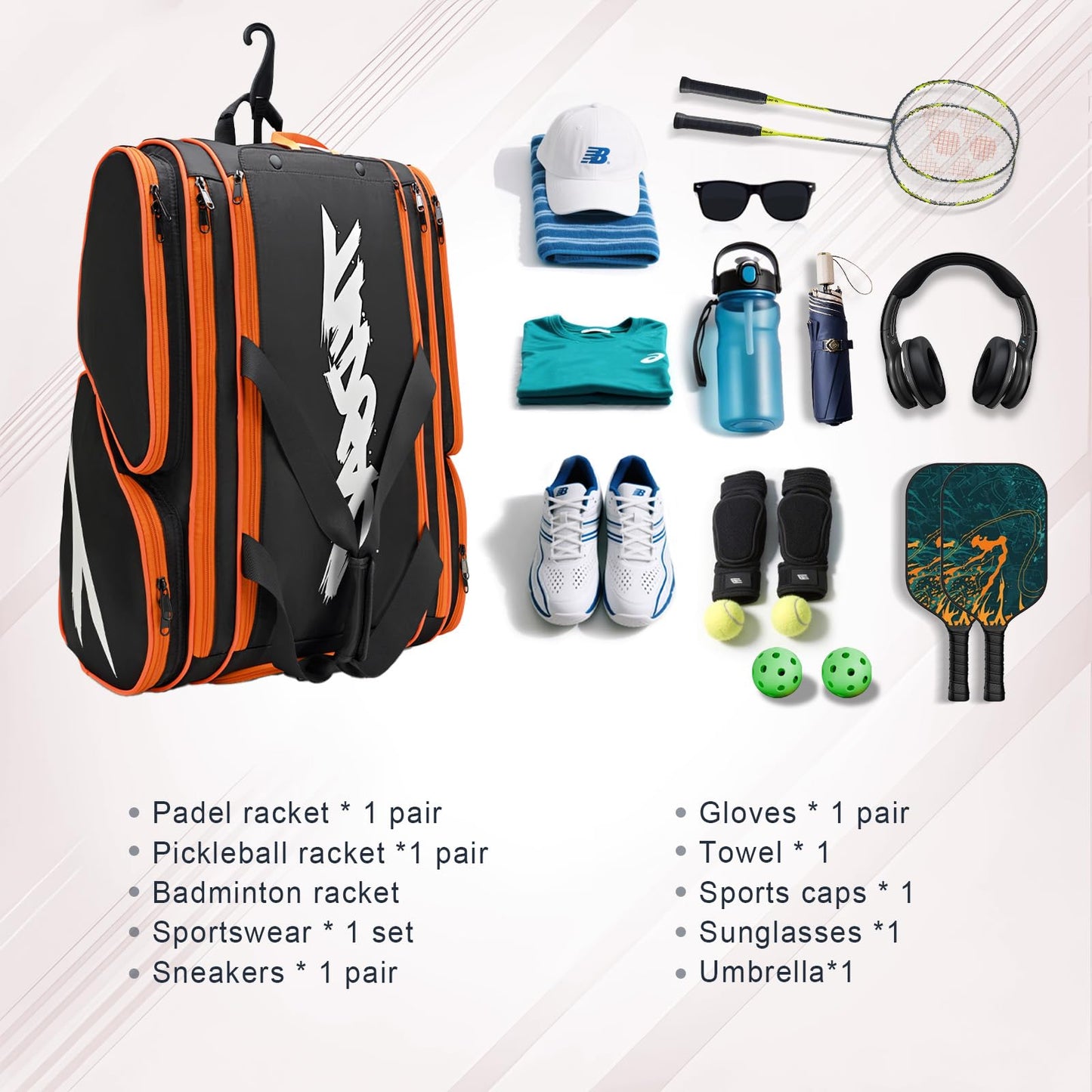 Pickleball Bag - Large Paddle Bag for 4 Paddles & Accessories - Fence Hook, Extra Pockets, Shoe Compartment