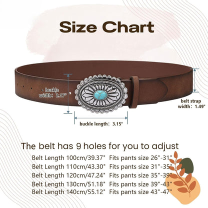 Women's Western Genuine Leather Belt Vintage Turquoise Buckle Cowgirl Concho Belt