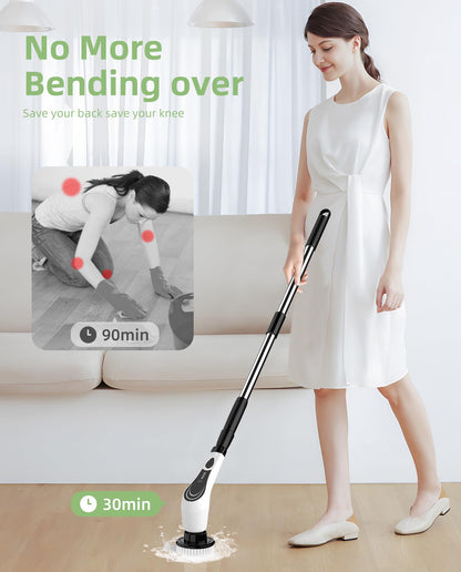 Electric Spin Scrubber, Cordless Power Scrubber with 8 Replaceable Floor Machine Pads, 2-Speed Adjustable Handle Shower Scrubber, IPX7 Waterproof for Bathroom, Tile, Tub, Teens, White-qe1