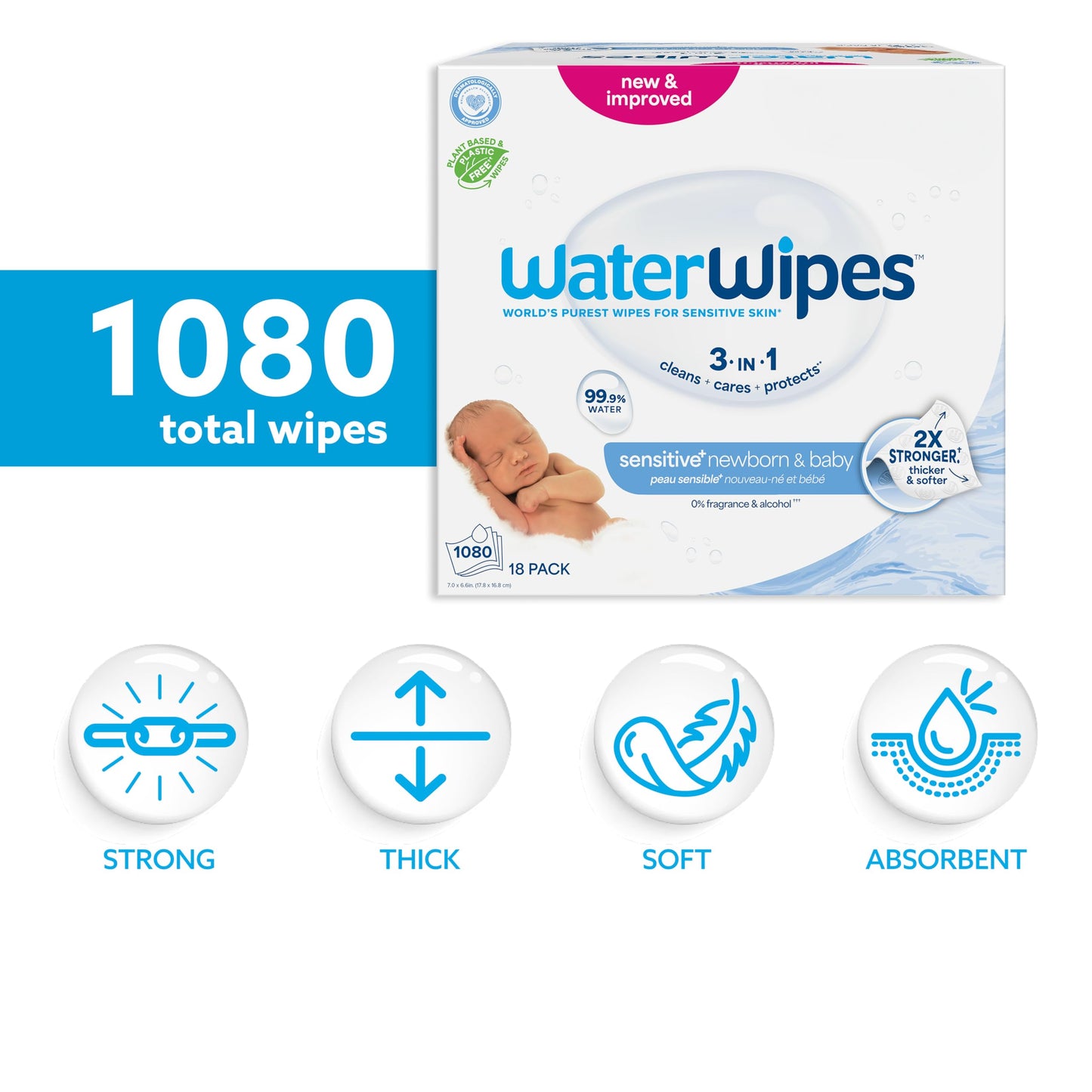 WaterWipes Sensitive+ Newborn & Baby Wipes, 3-In-1 Cleans, Cares, Protects, 99.9% Water, Unscented & Hypoallergenic, 720 Count (12 Packs)