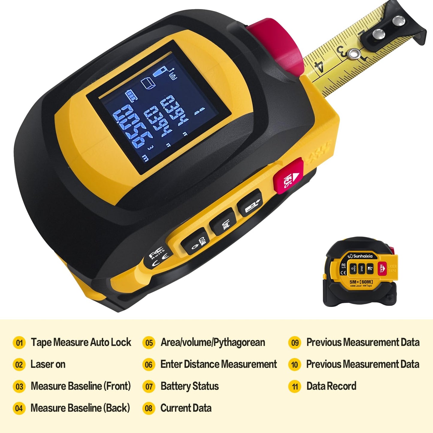 3 in 1 Digital Laser Tape Measure, 197ft/60m Laser Distance Meter, 16ft/5m Digital Tape Measure with Cross Line, AutoLock, ft/in/m Unit Switch, Measure Area, Volume, Pythagorean (Purple)