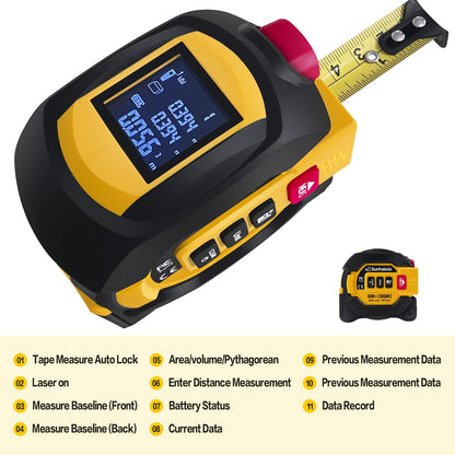 3 in 1 Digital Laser Tape Measure, 197ft/60m Laser Distance Meter, 16ft/5m Digital Tape Measure with Cross Line, AutoLock, ft/in/m Unit Switch, Measure Area, Volume, Pythagorean (Purple)