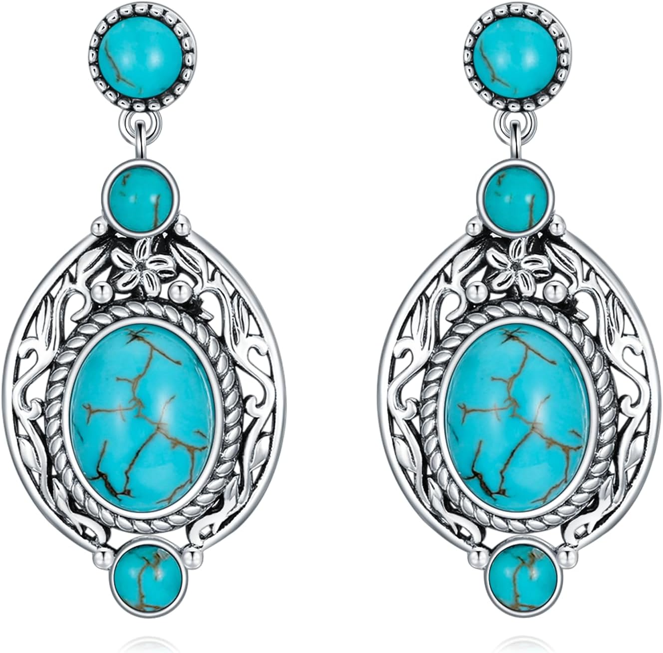 Genuine Turquoise Dangle Vintage Earrings, Sterling Silver Boho Native American Western Jewelry for Women