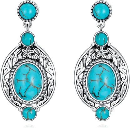 Genuine Turquoise Dangle Vintage Earrings, Sterling Silver Boho Native American Western Jewelry for Women