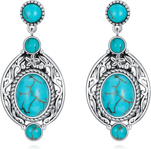 Genuine Turquoise Dangle Vintage Earrings, Sterling Silver Boho Native American Western Jewelry for Women