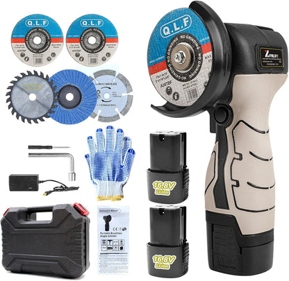 Cordless Brush Angle Grinder Kit, 19500rpm Mini Electric Angle Grinding Tool with 2pcs 16.8V 2000mAh Batteries and 5-Cutting Discs, Grinder Handheld Cutter for Metal Wood