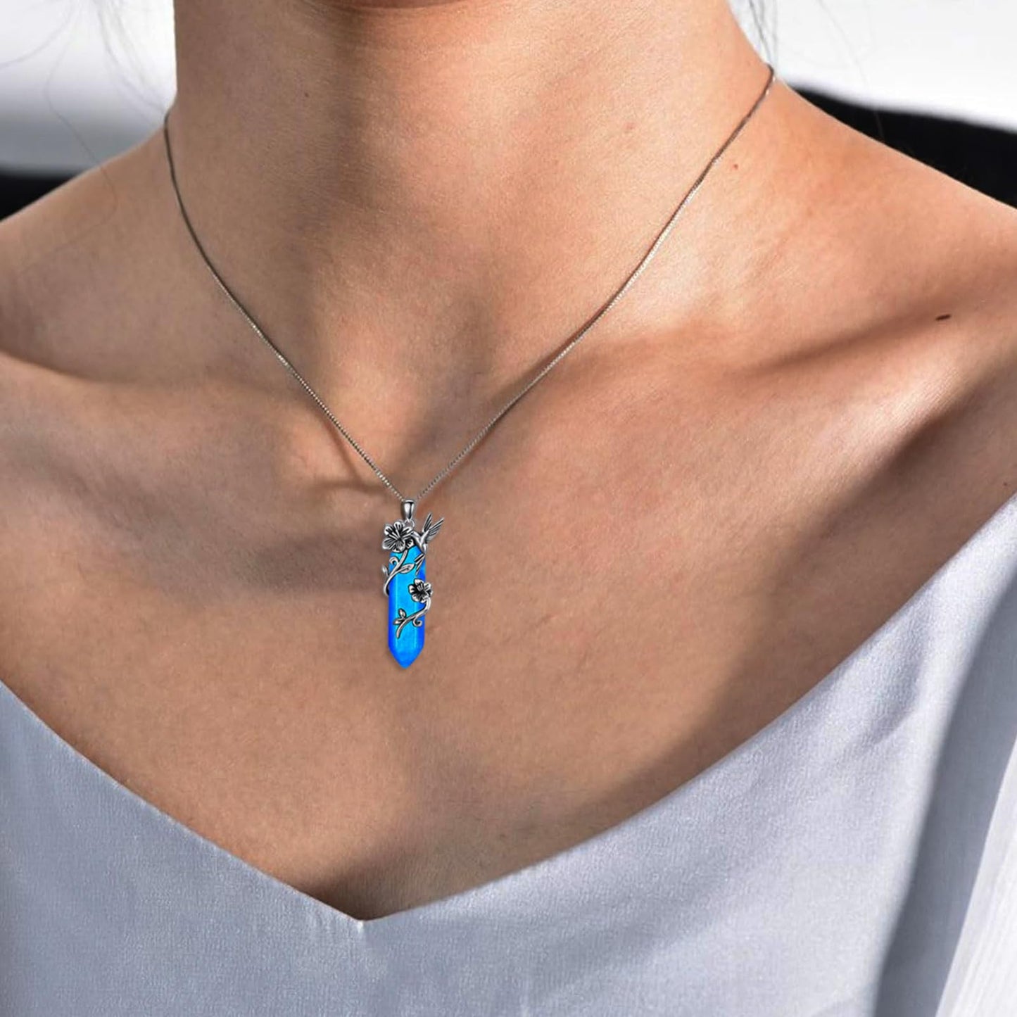 Hummingbird Necklace for Women 925 Sterling Silver Hexagonal Birthstone Gemstone Cute Bird Pendant for Girlfriends Jewelry for Her