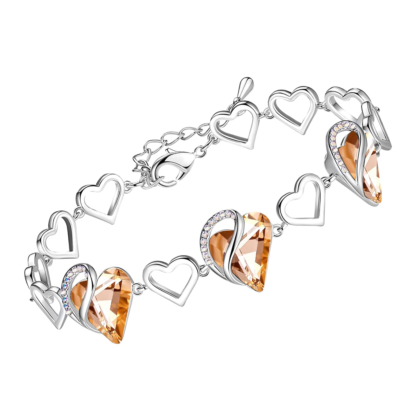 Leafael Infinity Love Heart Link Bracelets, Birthstone or Healing Stone Crystal Bracelet for Women, Silver Tone Jewelry Gifts for Her, 7-inch Chain and 2-inch Extender