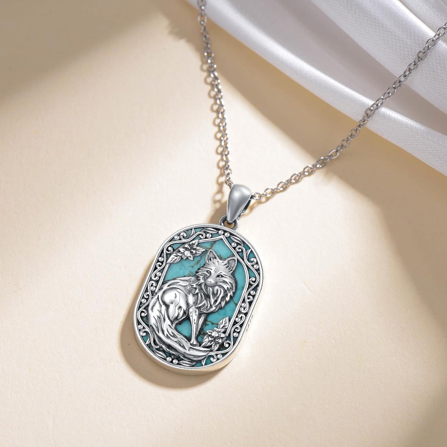 Turquoise Fox Necklace 925 Sterling Silver Real Turquoise Gemstone Fox Animal Pendant Vintage Jewelry for Women