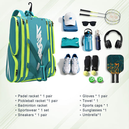 Pickleball Bag - Large Paddle Bag for 4 Paddles & Accessories - Fence Hook, Extra Pockets, Shoe Compartment