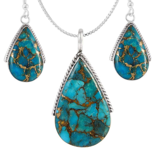 Turquoise Network Genuine Gemstones Necklace Earrings Pendant Set in 925 Sterling Silver (24" Length)