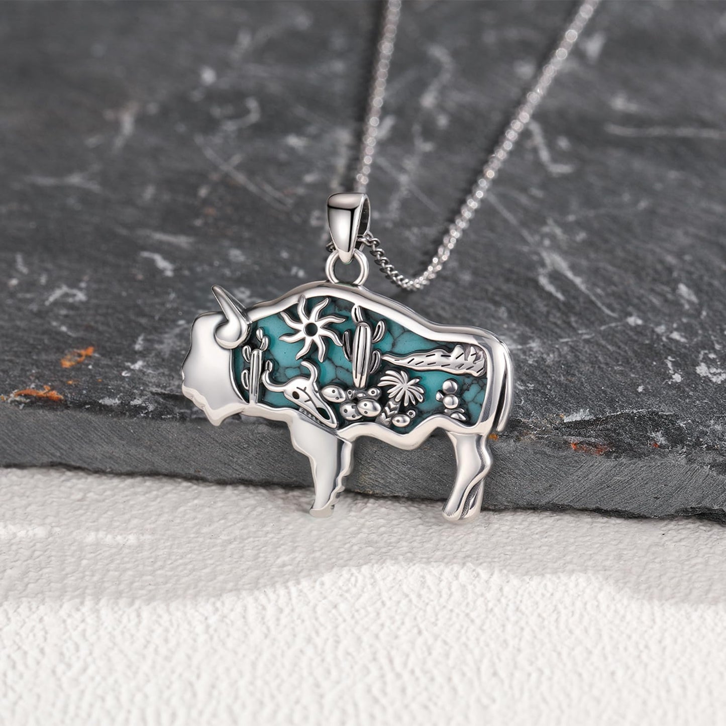 Midir&Etain Western Necklace 925 Sterling Silver Turquoise Pendant Highland Cow/Cow Skull/Hat/Tag/Cactus/Boot Cowgirl Country Jewelry for Women Men