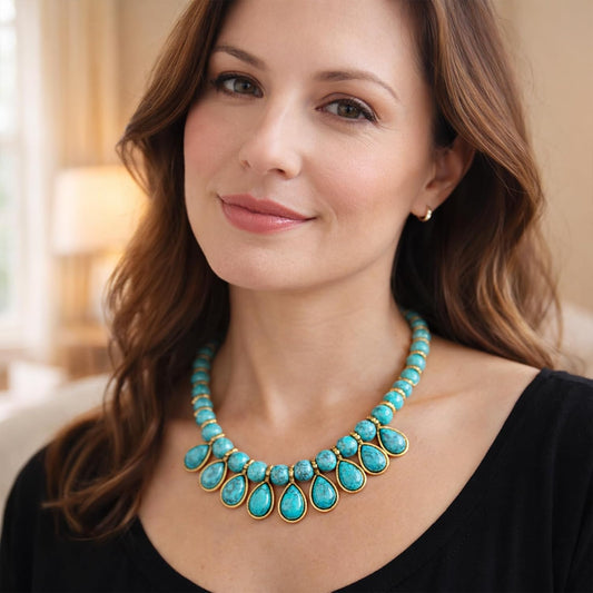 Sheplus Birthday Gifts for Women - Genuine Turquoise Statement Gold Chunky Necklace Handmade Bolo Real Western Jewelry Valentines Day