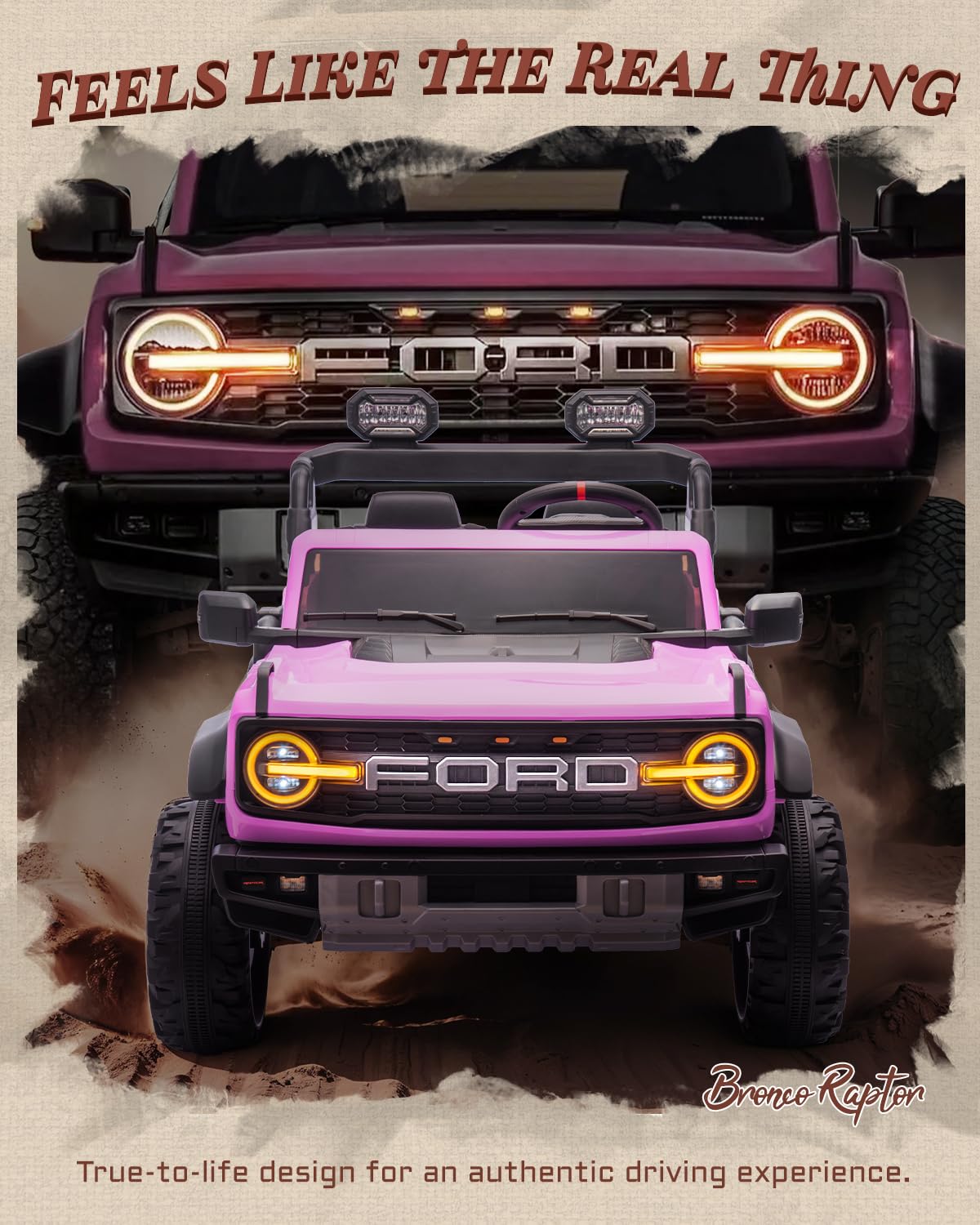 First Ride On 24V Ride on Toys for Big Kids, Licensed Ford Bronco Raptor 2 Seater Ride on Cars with Remote Control, Ride on Truck w/ 4-Wheeler Suspension, 3 Speeds, Led Lights, Bluetooth (24V, Pink) | First Ride On, 24V, for Big Kids, 2 Seater, with Remot