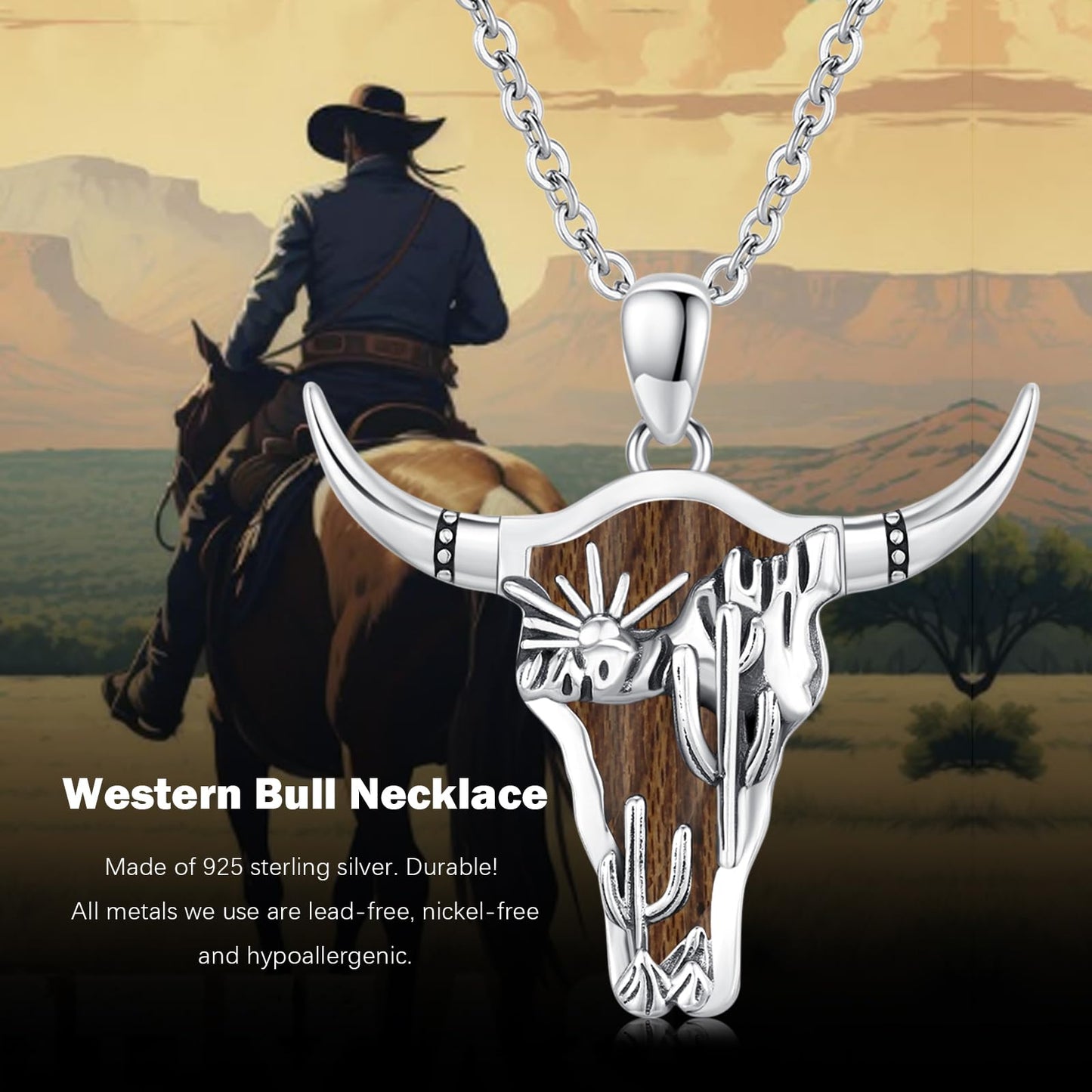 Midir&Etain Western Necklace 925 Sterling Silver Turquoise Pendant Highland Cow/Cow Skull/Hat/Tag/Cactus/Boot Cowgirl Country Jewelry for Women Men