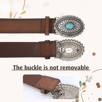 Women's Western Genuine Leather Belt Vintage Turquoise Buckle Cowgirl Concho Belt