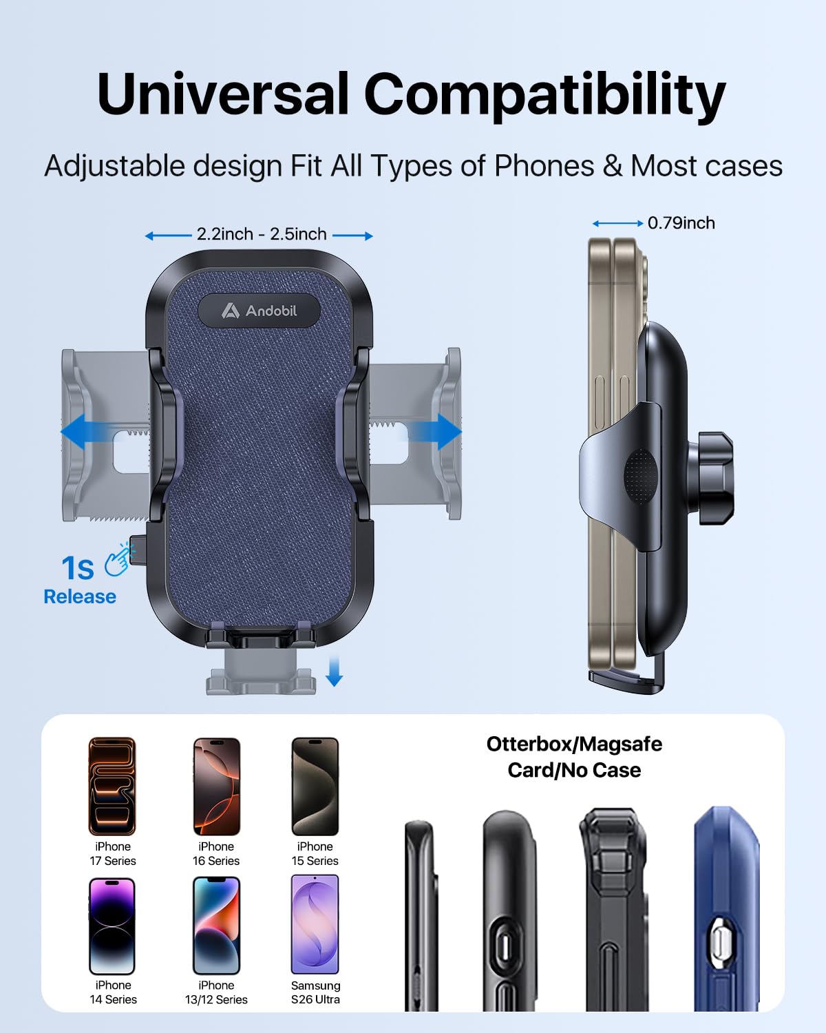 andobil Car Phone Holder, 2026 Military-Grade 89lbs Strongest Suction Phone Holders for Your Car Dashboard/Windshield/Vent Easy Clamp Car Phone Mount Stand for iPhone 17 16 15 14 13 Pro Max Samsung