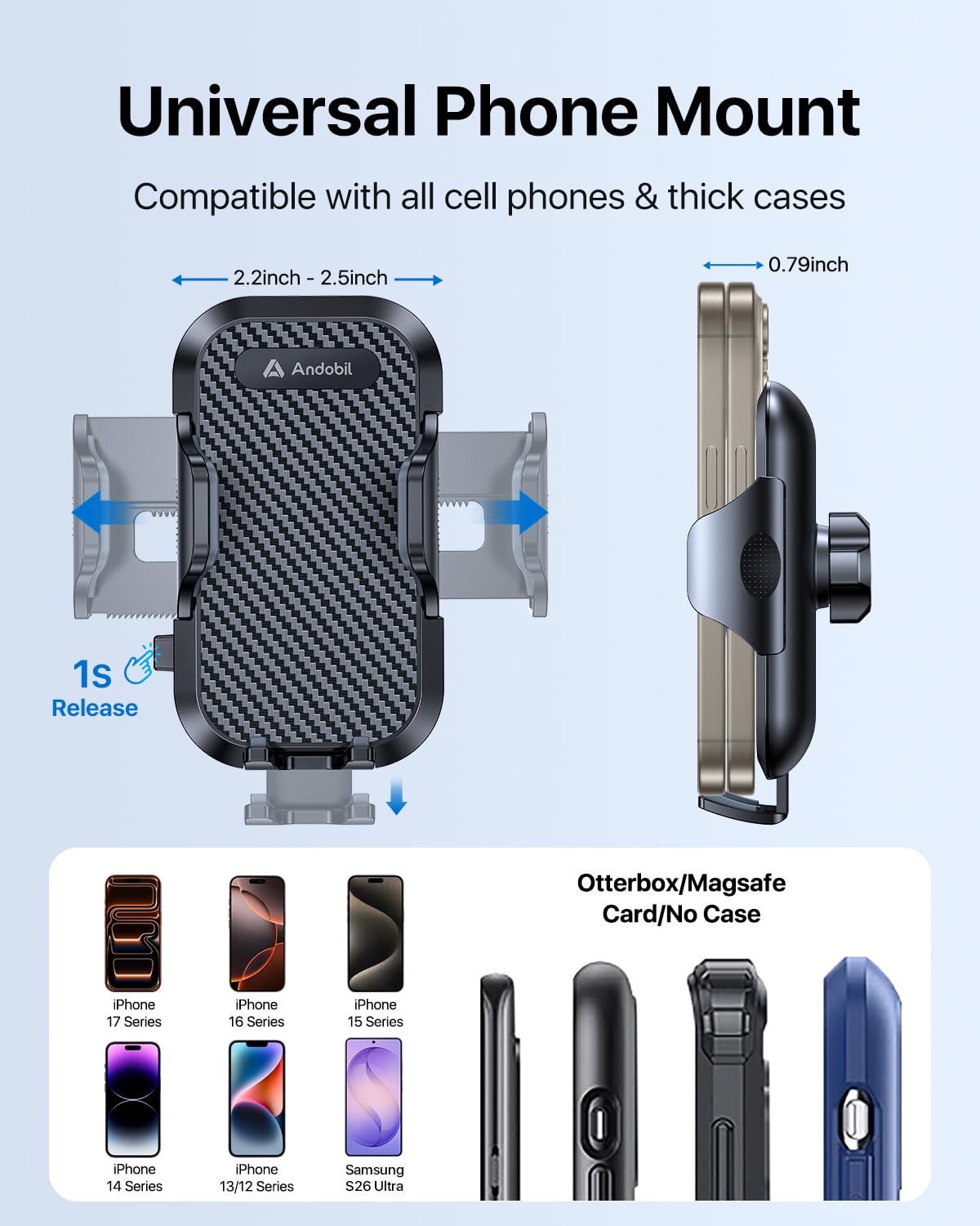 andobil Car Phone Holder, 2026 Military-Grade 89lbs Strongest Suction Phone Holders for Your Car Dashboard/Windshield/Vent Easy Clamp Car Phone Mount Stand for iPhone 17 16 15 14 13 Pro Max Samsung