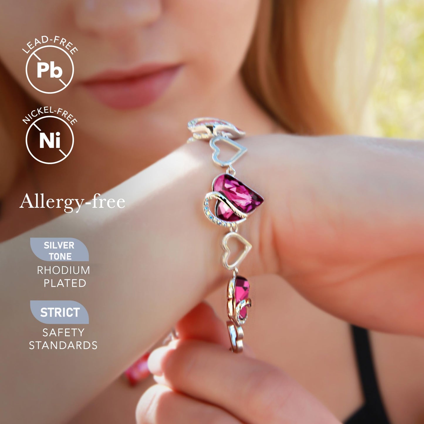 Leafael Infinity Love Heart Link Bracelets, Birthstone or Healing Stone Crystal Bracelet for Women, Silver Tone Jewelry Gifts for Her, 7-inch Chain and 2-inch Extender