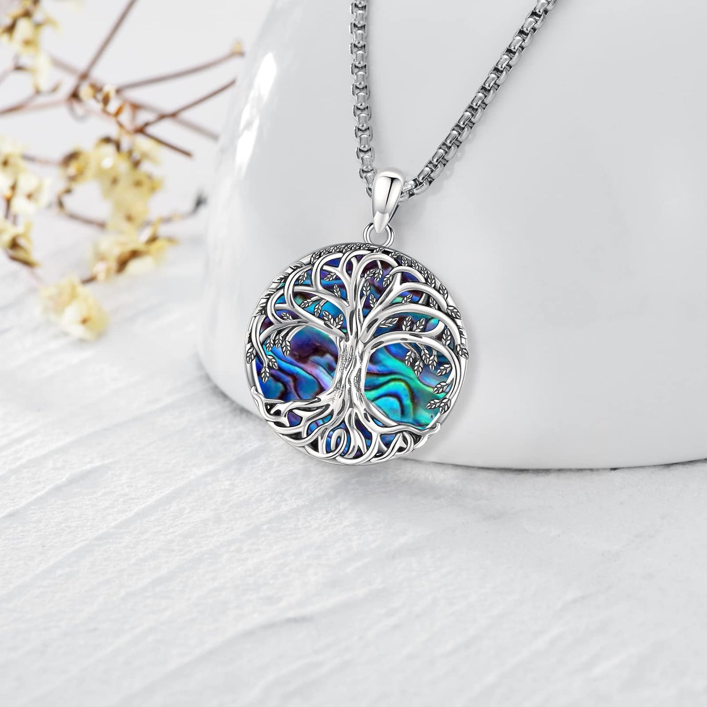 Jewelry Gifts - Tree of Life Necklace Sterling Silver Abalone Shell/Opal/Moonstone/Black Onyx/Turquoise/Malachite/Crystal Family Tree of Life Jewelry for Women Men