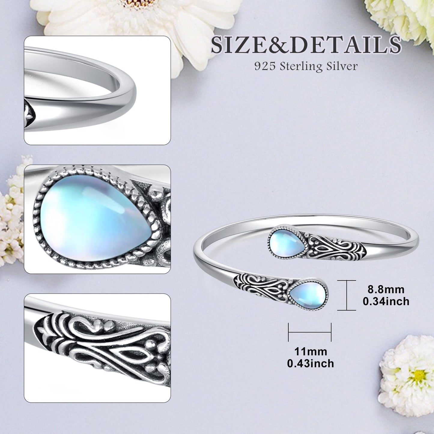 925 Sterling Silver Genuine Gemstone Bracelet for Women Men Handmade Adjustable Boho Navajo Style Bangle Cuff Natural Stone Jewelry Gift