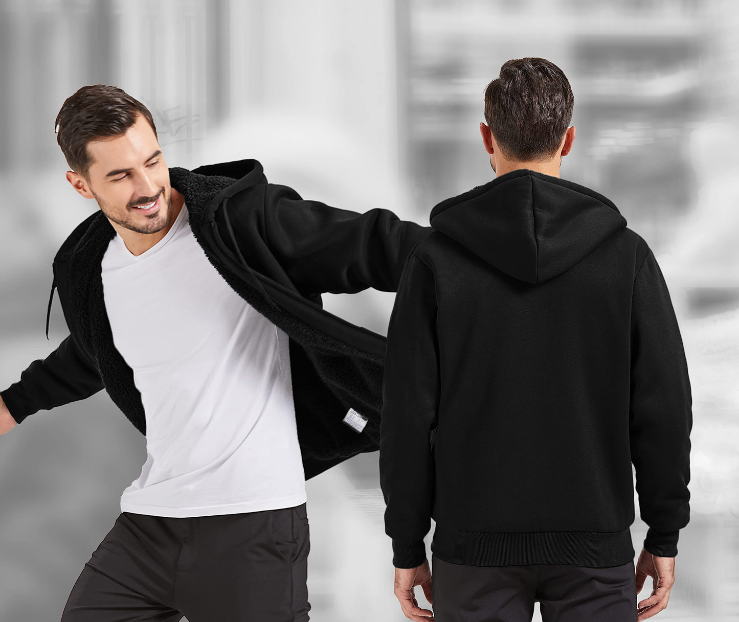 V VALANCH Men Hoodies Zip Up Sherpa Lined Sweatshirts Heavyweight Thick Warm Fleece Winter Jacket